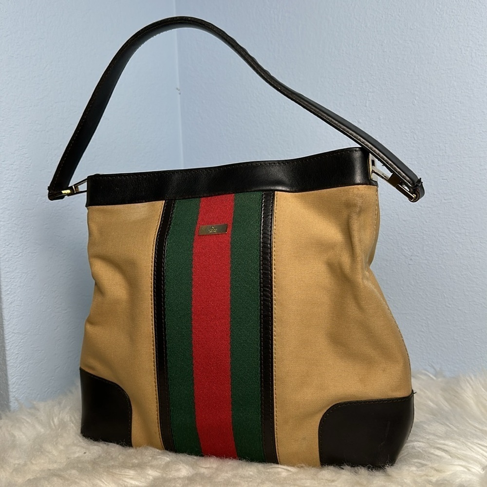 Vintage Gucci Web Stripe Canvas Leather Shoulder Hobo Bag Brown Red Green - Picture 16 of 16